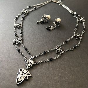Swarovski Crystal Set Black Flower Necklace Silver Clip On Earrings Goth